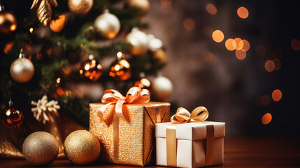 Wall Mural - Merry Christmas and Happy New Year background with copy space. Xmas gifts box and Christmas balls, festive bokeh. Design for poster, holiday banner, flyer or greeting card.