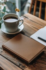 Poster - A person enjoying their morning routine with a cup of coffee and a notebook on a table