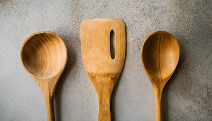 Elegant wooden utensils, spoon and spatula on cement surface. Cookware set made of wood.