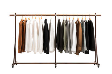 A Row of Stylish Clothing Hanging on a Wooden Garment Rack on a White or Clear Surface PNG Transparent Background.