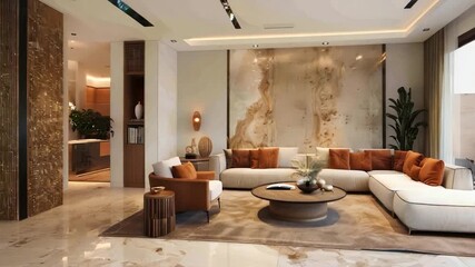 Wall Mural - Modern living room with stylish furniture, natural light, cozy atmosphere