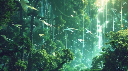 Wall Mural - magical forest with glowing lights and flying birds.