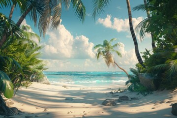 Poster - A tranquil scene of a sandy beach lined with palm trees, surrounded by calm blue waters