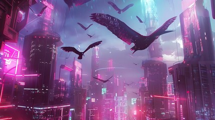 Poster - futuristic cityscape with neon lights and birds flying in the sky, rendered in a cyberpunk style.