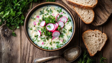 Poster - A bowl of traditional Russian okroshka soup is garnished with fresh radishes and herbs, set against a wooden table alongside slices of bread