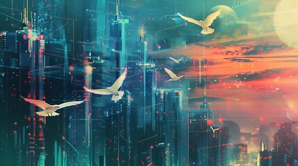 Wall Mural - Digital painting of a futuristic city with birds flying above, a sunset sky, and glowing lights.