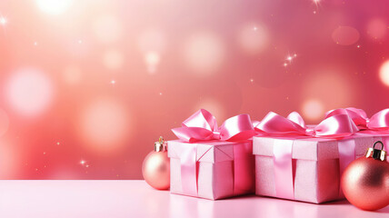 Wall Mural - Pink Christmas background with festive shiny gift boxes and Christmas balls. Holiday Christmas and New Year backdrop with copy space.