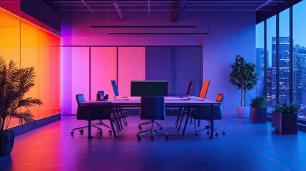 Poster - Modern office interior with neon lights, city view, and a table with chairs.