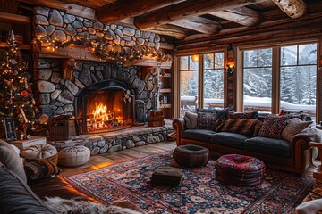 Wall Mural - A cozy living room with a fireplace, a couch, and a couple of chairs