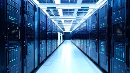 Poster - Rows of high-performance servers are organized neatly in a modern data center, illuminated by cool blue lighting in a bright environment.