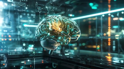 Poster - 3D rendering of a human brain with glowing lines and data points, representing artificial intelligence and its impact on technology.