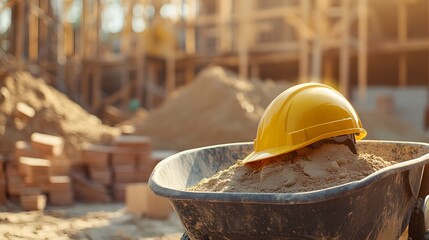 Construction Helmet, yellow hard hat, on a wheelbarrow, blurred piles of sand and bricks in the background, midday sunlight, sharp details, industrious and busy mood