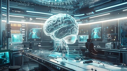 Fototapete - Futuristic lab with a 3d holographic brain floating above a table. The lab is full of screens and technology, and it feels like it's from a science fiction movie.