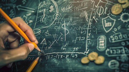Poster - Pencil draws on a chalkboard filled with scribbled notes and diagrams related to financial strategy and business planning.