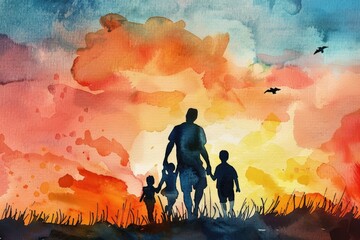 Poster - Watercolor illustration of a father with two kids