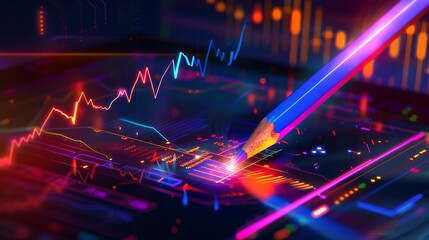 Poster - Pencil drawing on a digital screen showing stock market charts in neon colors.