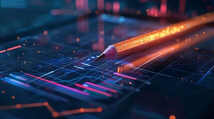 Poster - Pencil lies on a digital screen with a futuristic design. The screen displays a variety of data graphs, showcasing the convergence of technology and creativity.