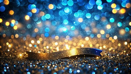 background of abstract glitter lights. blue, gold and black. de focused. banner