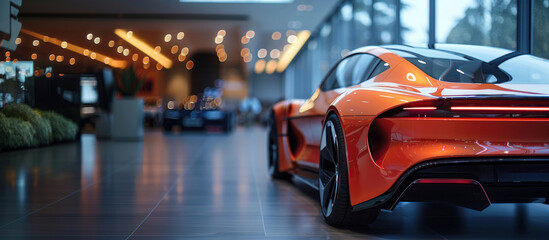 Futuristic electric car in a high-tech car showroom