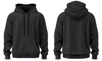 Blank black hoodie in front and back view, mockup, isolated on transparent background