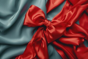 Poster - Close-up of a bright red bow tied on a soft blue fabric, ideal for textile or accessory design