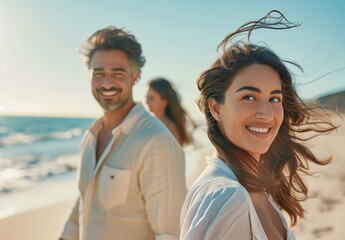 Happy young woman and her boyfriend at the beach, laughing and having fun together on vacation in nature