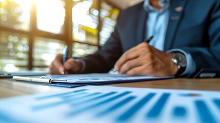 Poster - Businessman is working at his desk, reviewing documents and charts.