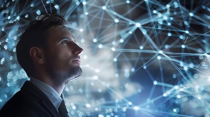 Poster - Man Looking Up at Network of Connections