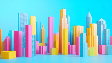 Colorful city skyline in playful pastel tones, featuring modern architecture with vibrant geometric forms against a bright blue background.