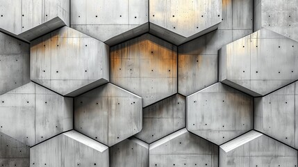 Wall Mural - A textured wall of hexagonal concrete panels features striking patterns and shadows in an urban setting