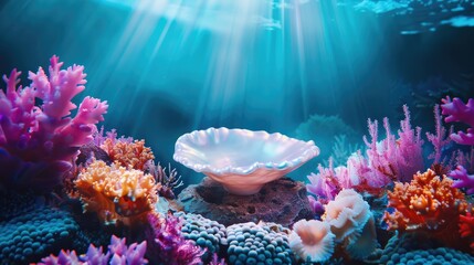 Poster - A colorful underwater scene featuring a clam shell and coral formations