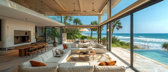 Wall Mural - A large open living room with a pool and ocean view