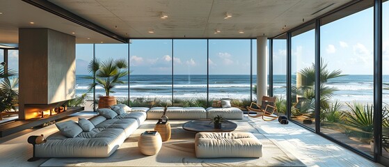 A large living room with a fireplace and a view of the ocean