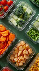 Wall Mural - Top view of a table covered with an assortment of colorful and fresh vegetables in transparent plastic containers