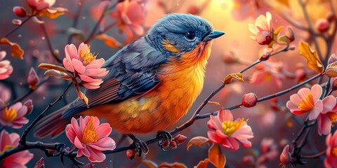 Wall Mural - Beautiful Blue and Orange Bird on a Flowering Branch at Golden Hour