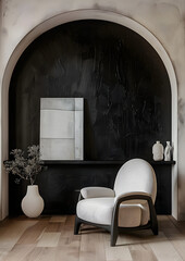 Wall Mural - Accent armchair against arch and black stucco wall. Minimalist, japandi interior design of modern living room.