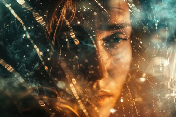 Poster - A close-up view of a woman's face seen through a window, providing a sense of intimacy and mystery