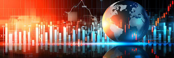 Wall Mural - Digital globe with stock market charts and global financial data. economic forces in the world. background burning red graphs and blue numbers 