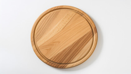 Round wooden cutting board isolated on white background. Top view, flat lay. Copy space.