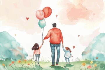 Poster - A man and two young children walking together, holding hands