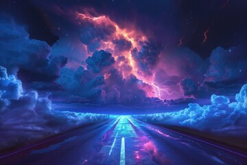 Poster - A long stretch of road under cloudy sky with lightning flashing in the background