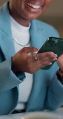 Poster - Night, business and black woman with smartphone, hands and connection for positive message. African person, evening or employee with cellphone, email notification and approval for funding with typing