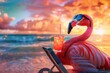 © julija - surreal portrait of a flamingo lounging on a beach chair wearing sunglasses and sipping a tropical cocktail against a vibrant sunsethued ocean backdrop