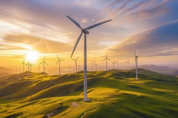 sustainable wind farm at sunset golden light bathes sleek turbines against vibrant sky rolling hills showcase clean energy innovation in breathtaking landscape