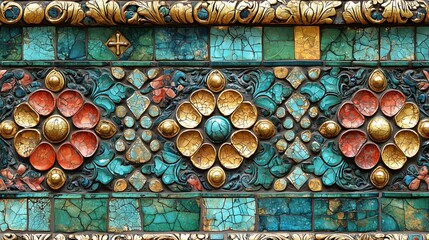 Poster - Ornate floral designs feature turquoise, coral, and gold accents in a decorative architectural detail