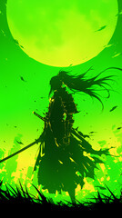 Wall Mural - black and green color samurai silhouette with speed effect background