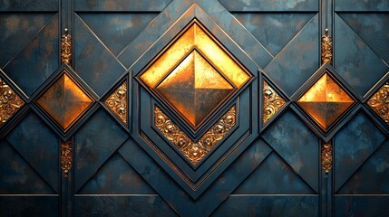 Wall Mural - Unique wall design features golden geometric patterns on a blue background, highlighting artistic elegance in a creative space