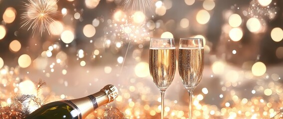 Poster - Champagne and fireworks for a New Year's celebration - golden abstract background