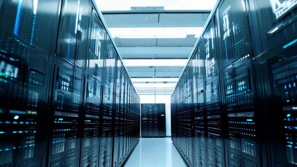 Poster - Rows of sleek server racks store vast amounts of data, illuminated by bright overhead lights in a modern data center environment.