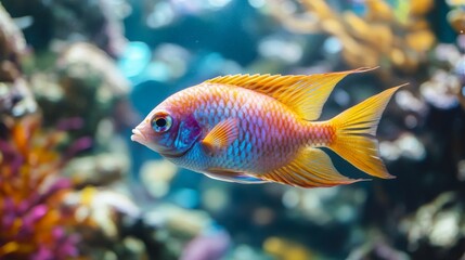 Wall Mural - A vibrant fish glides through clear water, showcasing its lively colors amidst a backdrop of lush aquatic plants in a well-maintained aquarium